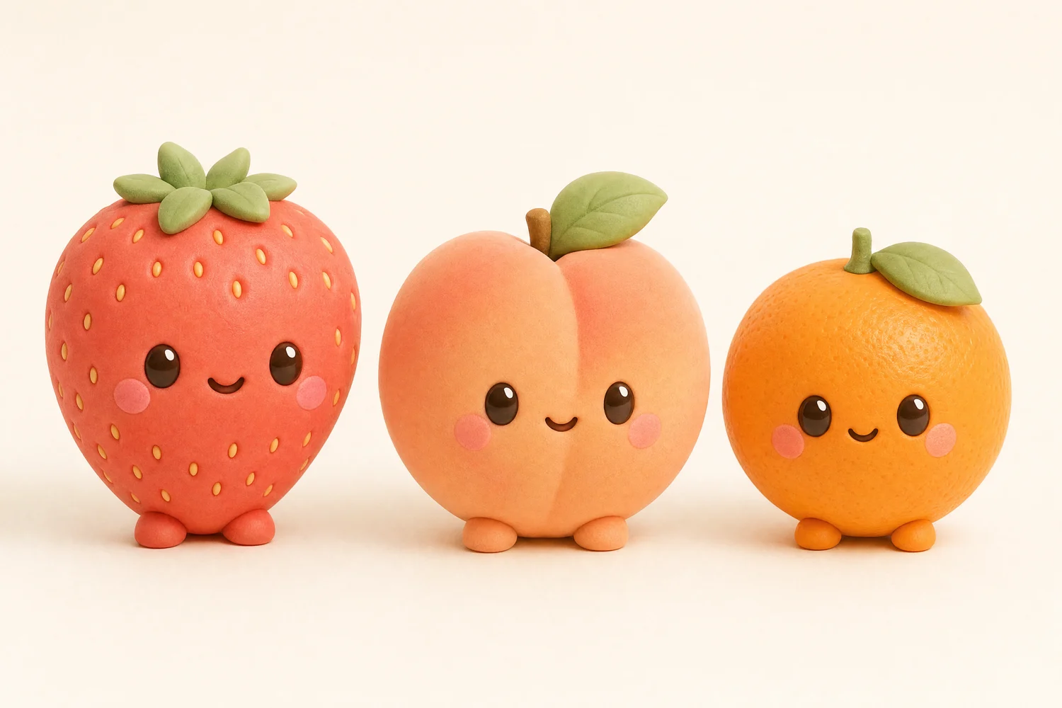Original concept artwork of Berry the strawberry, Peaches the peach and Cleo the clementine